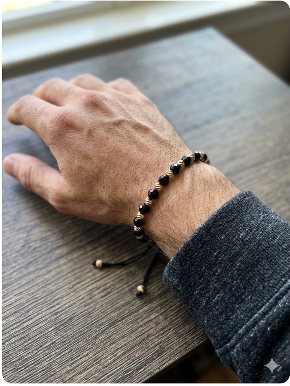 18K Gold Plated Beaded Adjustable Black and Gold Men's Bracelet. New